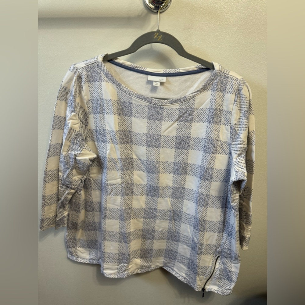 J.Jill   Knit Top  NWOT  Boat-Neck Side-Zip Knit Top  Blue Gray & White Size L